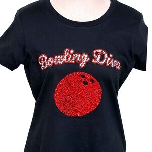 District Made Bowling Diva Black T Shirt Rhinestone Sparkle Women's Size S Glam‎